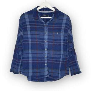 PrAna Organic Cotton Fillary Blue Plaid Crinkle Gauze Button Up Shirt Top Medium